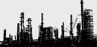 oil refinery silhouette, petrochemical industry building, monochrome oil plant skyline, black and white refinery structure, industrial infrastructure outline, fossil fuel processing facility, energy sector infrastructure