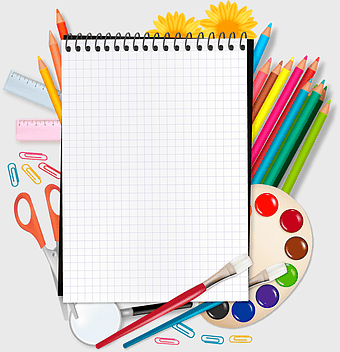 school desktop supplies, back to school essentials, student notepad and pencils, education tools, classroom stationery set, learning materials illustration, academic desk setup