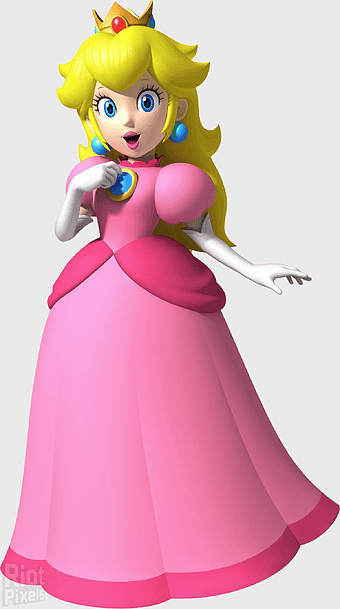 Princess Peach Super Mario Bros, Mario video game character, pink dress cartoon princess, Super Smash Bros action figure, Mushroom Kingdom fantasy art, Nintendo gaming icon, royal crown fantasy costume
