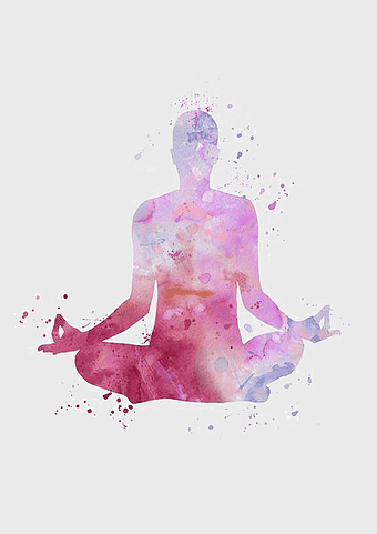 watercolor yoga illustration, purple lotus pose, beginner yoga art, baddha padmasana asana, meditative watercolor art, yoga silhouette design, spiritual wellness practice