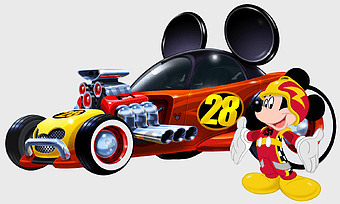 Mickey Mouse race car, Mickey and the Roadster Racers, Disney Junior animated series, Walt Disney Company characters, classic Disney animation, fun children's entertainment, iconic cartoon vehicles