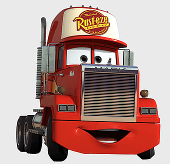 Mack R series truck, Pixar Cars character, Lightning McQueen companion, Mack Titan transport, animated vehicle design, cartoon truck illustration, movie-inspired toy car