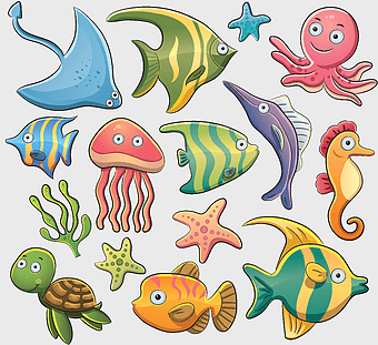 cartoon sea animals, marine biology illustration, deep sea creature art, aquatic organism, ocean life characters, underwater world graphics, sea creature collection