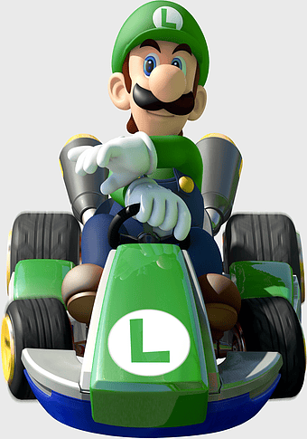 Mario Kart 8 Luigi, Super Mario Bros. character, Luigi in racing kart, Nintendo video game character, cartoon gaming figure, inflatable toy vehicle, Mario series racing game