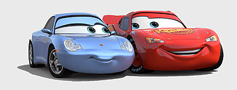 Lightning McQueen and Sally Carrera, Pixar Cars characters, compact sports car design, red and blue vehicle pair, animated movie vehicle portraits, playful automobile scene, colorful car animation art