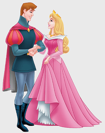 Disney Princess Aurora Prince Phillip, Sleeping Beauty couple illustration, cartoon princess and prince handshake, fictional fairy tale characters, animated royal romance, classic Disney couple art, pink gown royal dance scene