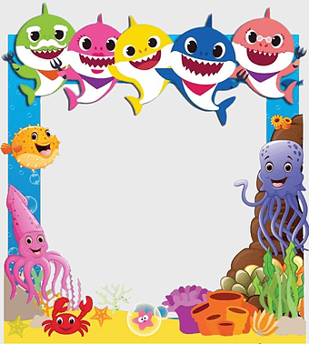 baby shark, underwater frame, cartoon sea creatures, colorful ocean theme, marine life illustration, kids educational content, fun aquatic characters, png