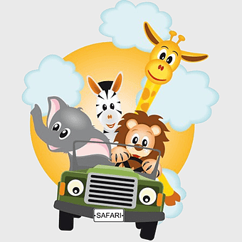 cartoon safari animals driving, baby jungle animal stickers, digital printing safari party, internet explorer logo safari, animal adventure illustration, wildlife vehicle ride, fun zoo characters