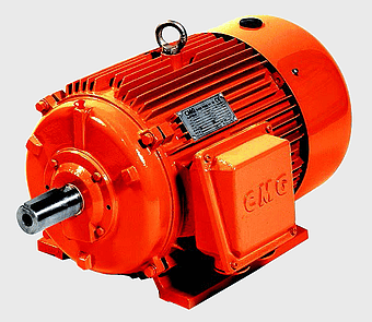 orange electric motor, three-phase induction motor, industrial pump engine, TEFC motor technology, mechanical power transmission, high-efficiency machinery, motorized industrial equipment
