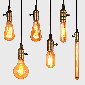 Edison light bulb pendant, vintage light fixture, incandescent lamp design, orange light effect, retro lighting solution, industrial light bulb, antique light bulb illustration