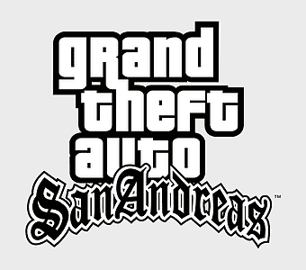 Grand Theft Auto San Andreas logo, GTA San Andreas monochrome design, Rockstar Games video game branding, Grand Theft Auto III series, classic gaming artwork, iconic video game titles, retro game aesthetics