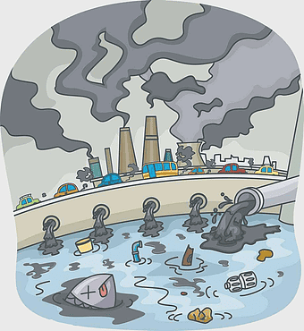 pollution of gas and water plant, sewage plant pollution, cartoon air pollution, water and gas pollution, environmental contamination, industrial waste, toxic emissions