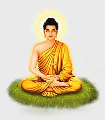 buddha, sakyamuni, meditation pose, golden robe, enlightenment symbol, spiritual figure, serene environment, png