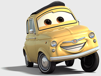 Sally Carrera, Lightning McQueen, vintage car, animated film, Pixar character, yellow compact car, cartoon vehicle design