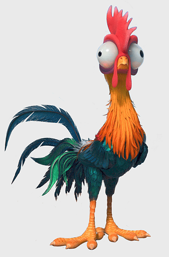 Moana Hei Hei the Rooster, Disney animated character, galliformes bird, phasianidae poultry, cartoon rooster illustration, vibrant feather art, animated livestock depiction