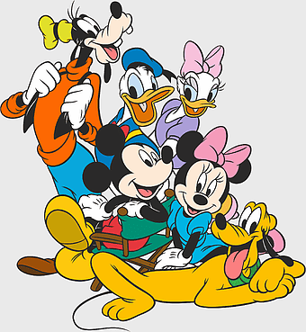 Mickey Mouse and Friends, Disney cartoon characters, Goofy and Donald Duck, Minnie Mouse and Daisy Duck, classic Disney art, animated character group, playful Disney scene