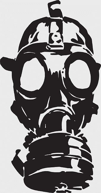 gas mask decal, monochrome gas mask, personal protective equipment sticker, black and white wall art, protective headgear design, industrial safety symbol, apocalyptic gear illustration