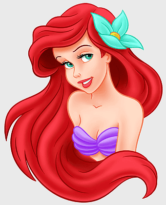Little Mermaid Face, cartoon mermaid, princess close-up, purple seashell top, undersea character, animated redhead, female fantasy figure, png