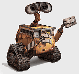 WALL-E character, Pixar animation, robot illustration, cartoon vehicle, futuristic technology, animated film character, environmental cleanup machine