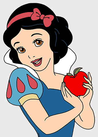Snow White holding apple, Disney Princess illustration, Evil Queen huntsman story, white apple magic, fairy tale character art, classic cartoon, enchanted forest scene