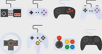 game controller design, assorted-color gamepads, video game console accessories, playstation and xbox controllers, gaming peripherals, retro controller graphics, interactive gaming devices
