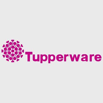 Tupperware Brands logo design, magenta text logo, petal organization symbol, Tupperware lunchbox brand, plastic container company, household storage solution, pink floral graphic element