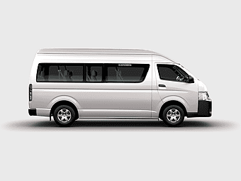 Toyota HiAce compact van, Toyota minivan vehicle, light commercial vehicle transport, automotive exterior design, white van transportation, passenger van seating, commercial vehicle branding