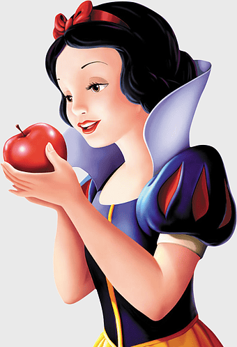Snow White holding apple, Snow White cartoon character, Seven Dwarfs fairy tale, red apple Snow White, princess with black hair, classic Disney art, enchanted forest scene