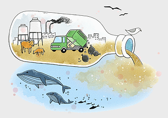 garbage contaminated water, cartoon waste material, harmful contaminants, dirty things smell, environmental pollution, plastic waste impact, ocean pollution illustration