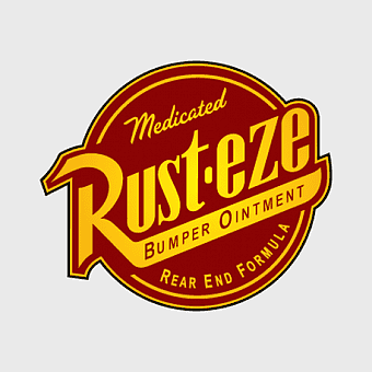 Rust-Eze logo, Lightning McQueen branding, Pixar Cars merchandise, bumper ointment decal, vintage car signage, animated vehicle accessories, retro automotive labels