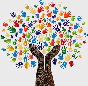 hand-painted giving tree, solidarity tree art, creative floral design, nature-inspired logo, community support symbol, unity tree illustration, handprint tree concept