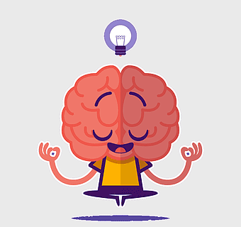 meditation brain cartoon, cartoon brain with light bulb, cognitive training illustration, thinking brain character, mindfulness brain art, creative thought, brain enlightenment graphic