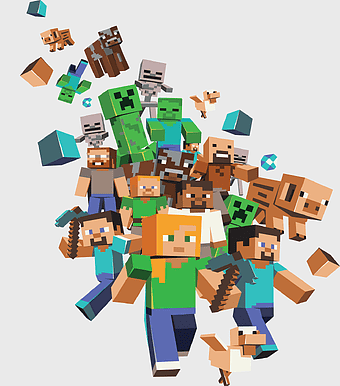 Minecraft Pocket Edition characters, Mojang video game illustration, Minecraft Xbox 360 edition, Minecraft story mode characters, pixel art gaming, blocky character design, virtual world avatars