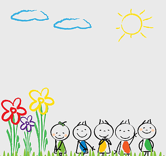 children illustration, cartoon flowers, preschool playgroup, sunny day care, outdoor education, happy childhood, nature drawing, kid-friendly art