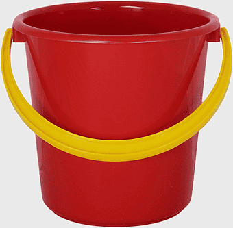 red plastic bucket, yellow handle pail, product design illustration, packaging design object, household cleaning container, storage solution tool, gardening utility item