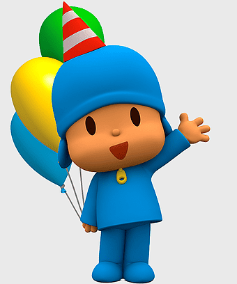 Pocoyo birthday party, cartoon character with balloons, festive television show mascot, animated baby toys, children's party celebration, colorful party hats, fun kids entertainment