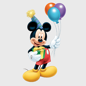 Mickey Mouse birthday party, Mickey Mouse with balloons, Mickey Mouse party hat, Mickey Mouse holding gift, Disney character celebration, festive cartoon mouse, animated birthday scene