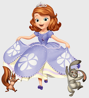 Sofia the First, Disney Junior princess, cartoon character art, mythical creature illustration, enchanted forest scene, royal attire design, whimsical animal companions