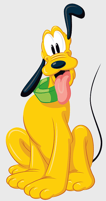 Pluto Disney character, Pluto cartoon dog, Pluto with green collar, Pluto sitting pose, Disney classic characters, animated dog illustration, Disney mascot art