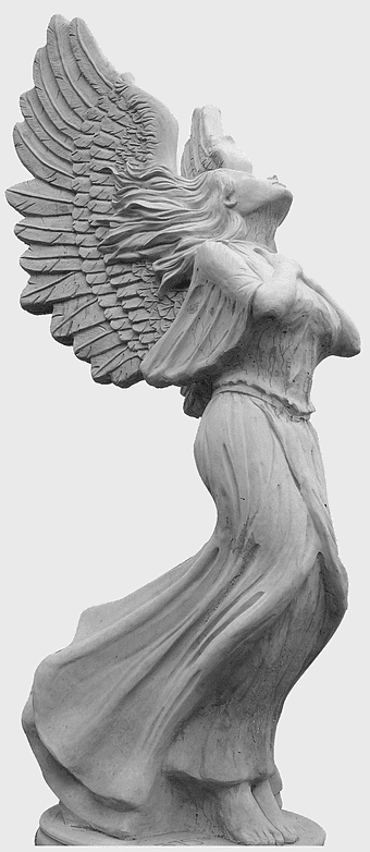 classical stone angel sculpture, black and white marble carving, monochrome artistic winged figurine, sculptural classicism bust, ancient artistic craftsmanship, draped statue sculpture, religious iconography artistry