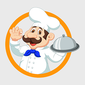 catering logo design, chef character illustration, cartoon waiter holding platter, gourmet meal service, culinary art branding, restaurant mascot icon, food service emblem