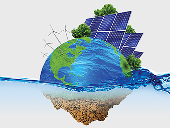 solar panels on globe, concentrated solar power systems, renewable energy sources, sustainable energy solutions, green planet illustration, eco-friendly power generation, water resource conservation