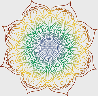 gold green petal flower mandala, chakra coloring book design, om mandala floral symmetry, space invaders inspired mandala, intricate floral art, spiritual mandala illustration, yoga meditation symbol