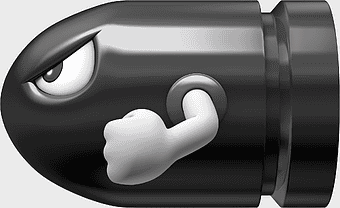 Bill Bullet Super Mario Bros character, Mario Kart 8 game items, Nintendo Wii U gaming accessories, Super Mario series weapons, animated bullet enemy, video game character design, retro gaming elements