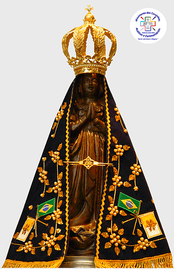 Basilica of the National Shrine of Our Lady of Aparecida, Black Madonna statue, nossa Senhora Aparecida, Immaculate Conception icon, religious art Brazil, sacred figure depiction, Marian devotion symbol
