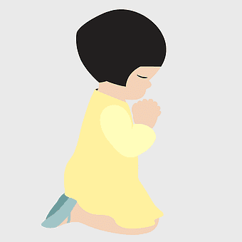 praying girl cartoon, black hair girl kneeling, child praying illustration, Christian prayer girl, spiritual child art, faithfulness in children, serene fellowship