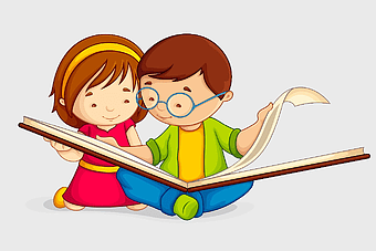 child reading book, two children illustration, cartoon boy and girl, happy kids learning, educational storytime, playful reading moment, sibling book adventure