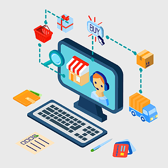 e-commerce trade business, online shopping process, point of sale system, customer service interaction, digital marketing strategy, retail technology solutions, e-commerce logistics management