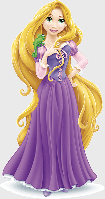 purple princess dress, yellow hair Rapunzel, Disney Tangled character, cartoon girl illustration, fantasy princess theme, long golden locks, fairytale character design, enchanted forest beauty