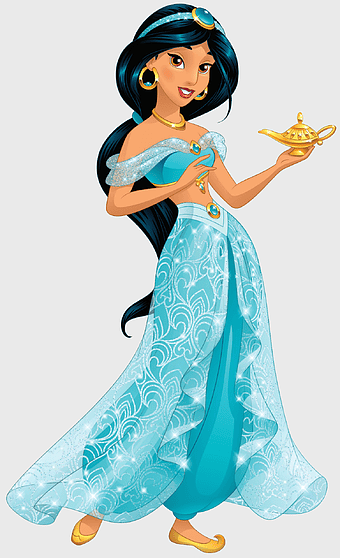 Princess Jasmine Aladdin, Disney Princess illustration, cartoon character costume, Jasmine holding magic lamp, Arabian princess fashion, fairy tale heroines, animated royal attire